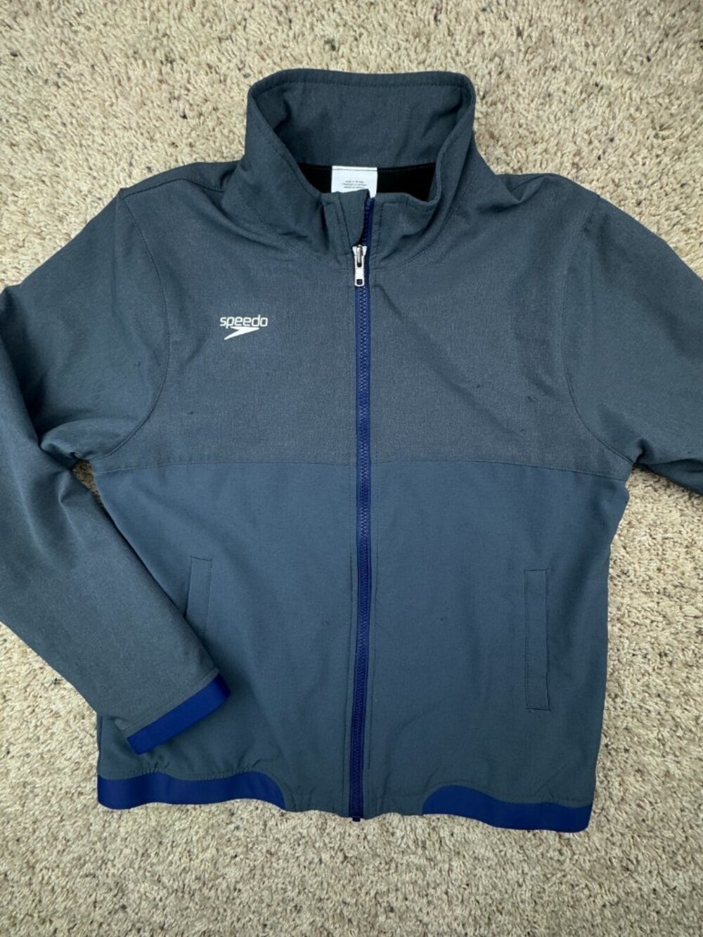 Speedo Jacket Full Zip Gray Large Stretch W Pockets Blue Accents Lined Youth